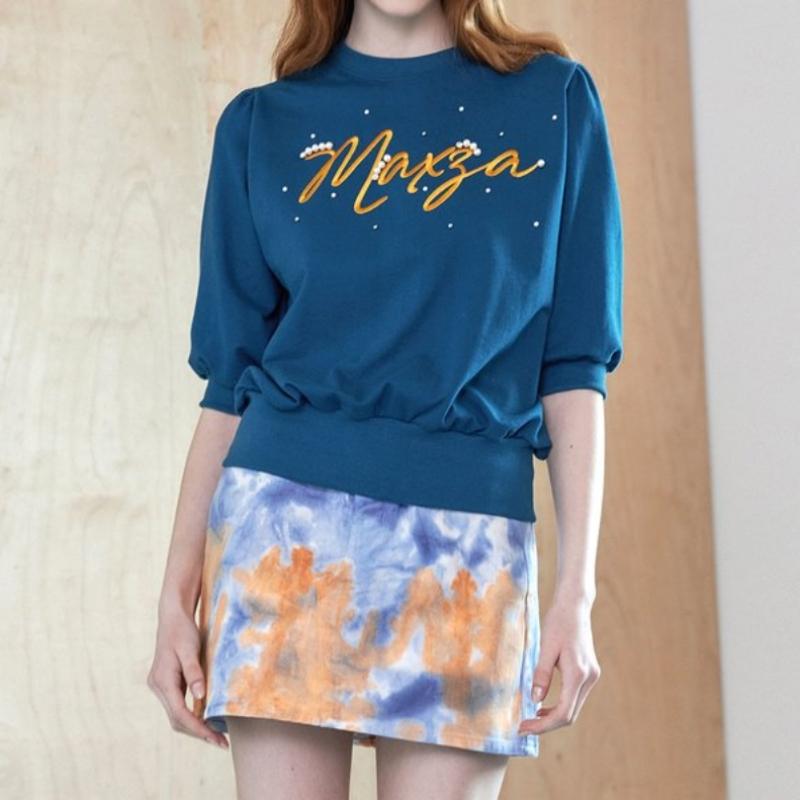 Maxza Lettering Pearl Stud Point Sweatshirt Zb05qt601 Blue/FREE