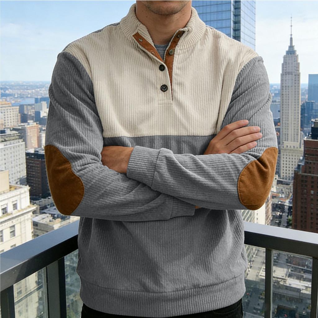 New Men's Corduroy Patchwork Contrast Collar Oversized Long-Sleeved Knitted Sweatshirt