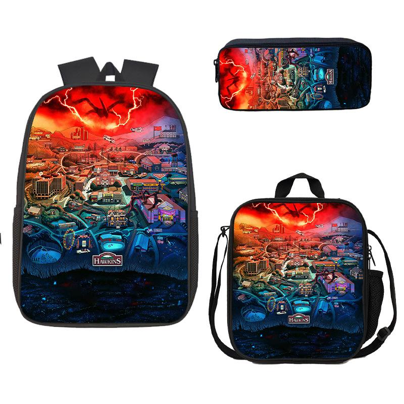 Stranger Things Schoolbag, Pencil Bag, Meal Bag To Map Z Three-Piece Large-Capacity Backpack Colorful