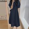 VONDA Elegnat Women Round Neck Batwing Sleeve Baggy Pleated Casual Maxi Dress