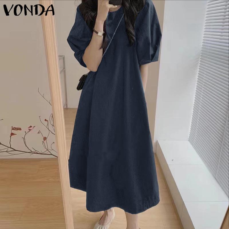 VONDA Elegnat Women Round Neck Batwing Sleeve Baggy Pleated Casual Maxi Dress