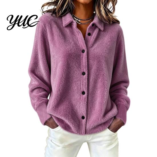 Lapel Shirt Coat Women Plush Cardigan Sweater, Long Sleeve Button Down Knit Jacket, Warm Casual Open Front Outerwear for Autumn Winter