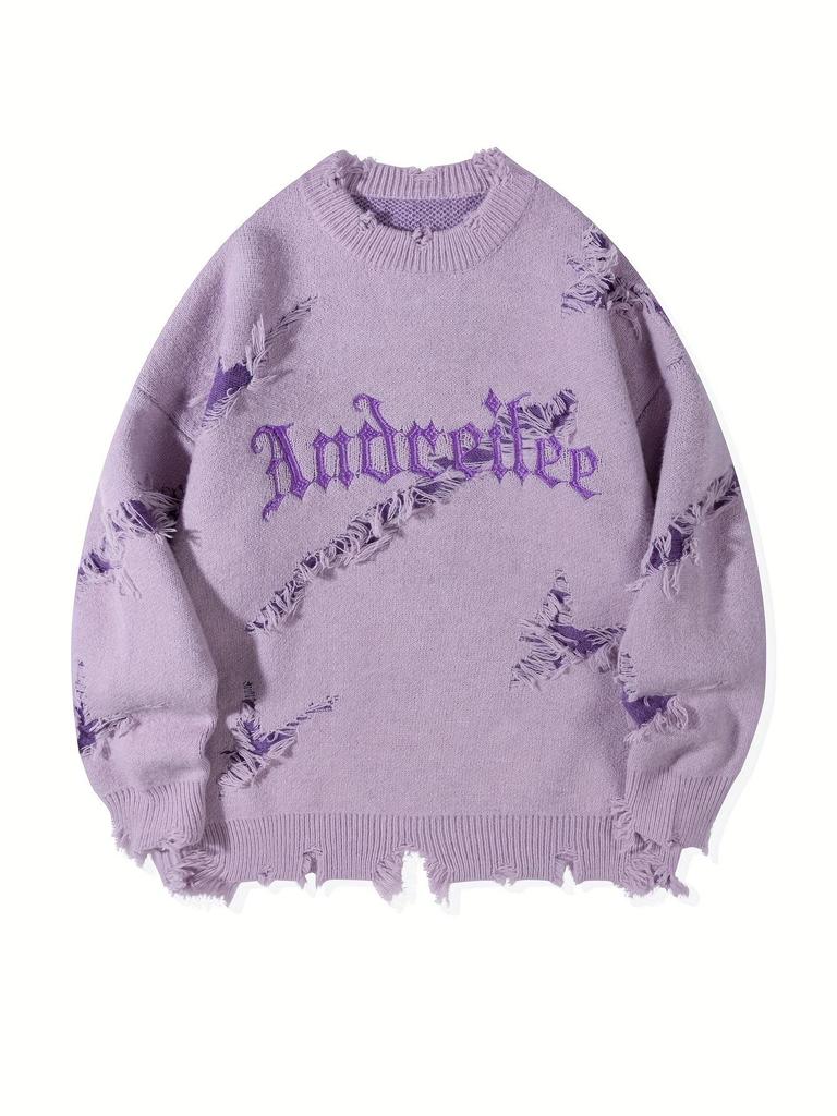 YWFG Men's Retro Letter Raw Edge Sweater - 2024 Autumn/Winter, Loose Fit, Versatile, Round Neck, Long-Sleeved Knit, Unisex.