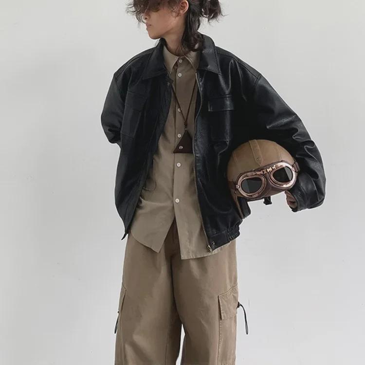 

Унисекс ретро японский стиль свободная куртка из искусственной кожи мотоцикла XL (65-80 kg) чёрный