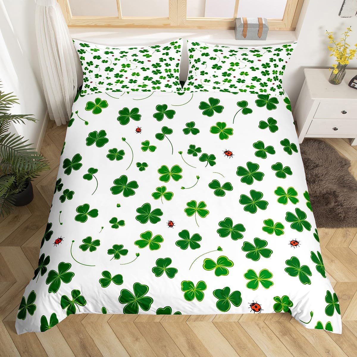

St. Patrick S Day Duvet Cover Full Queen Spring Gnomes Comforter Cover 2/3 Pcs Green Botanical Leaves Flower Clover Bedding Set AU Single(140x210cm)