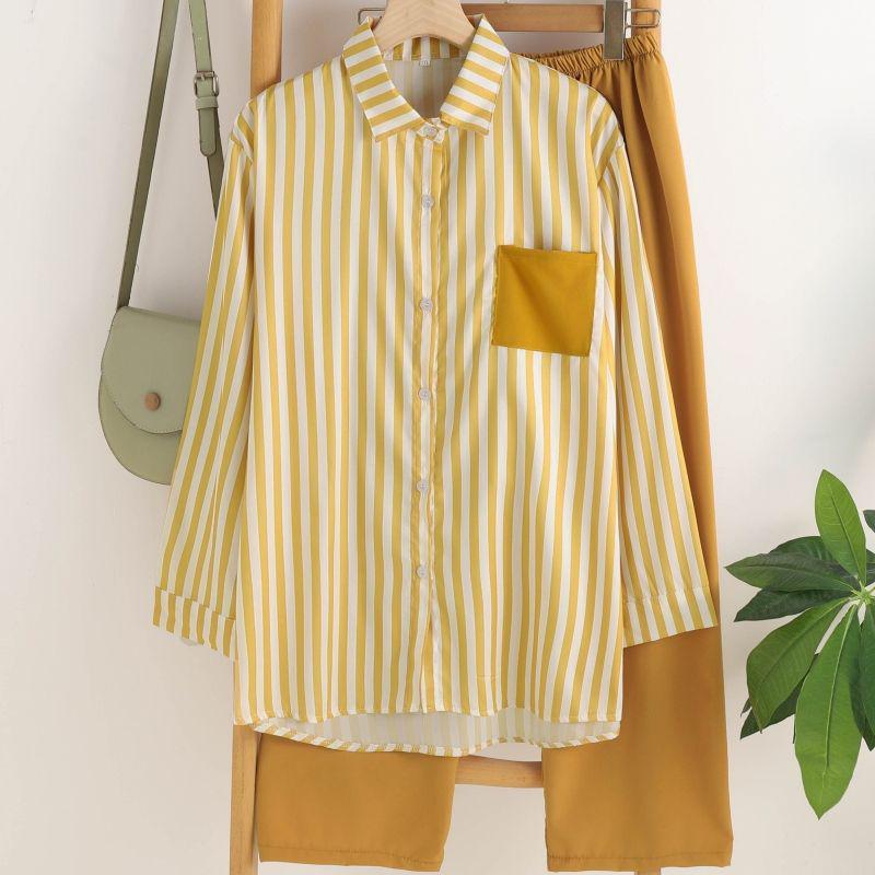 Ensemble chemise à manches longues rayée décontractée d'été pour femme - Thaïlande