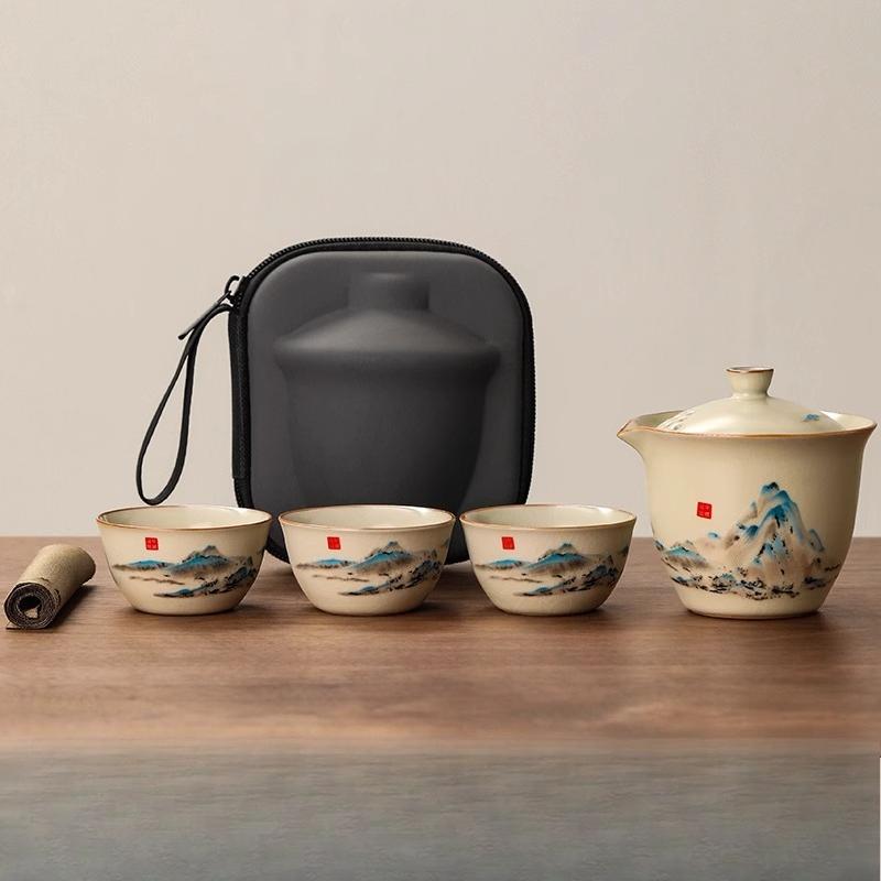 Portable Travel Tea Set One Person Drinking Single Workstation Small Tea Set Ru Kiln Teacup Outdoor Brewing Teapot Tea Set