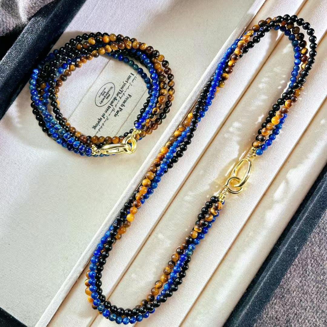 

High Matching Retro Natural Tiger S Eye Stone Lapis Lazuli Black Agate Multi-Layer Design Necklace Collarbone Chain Sweater