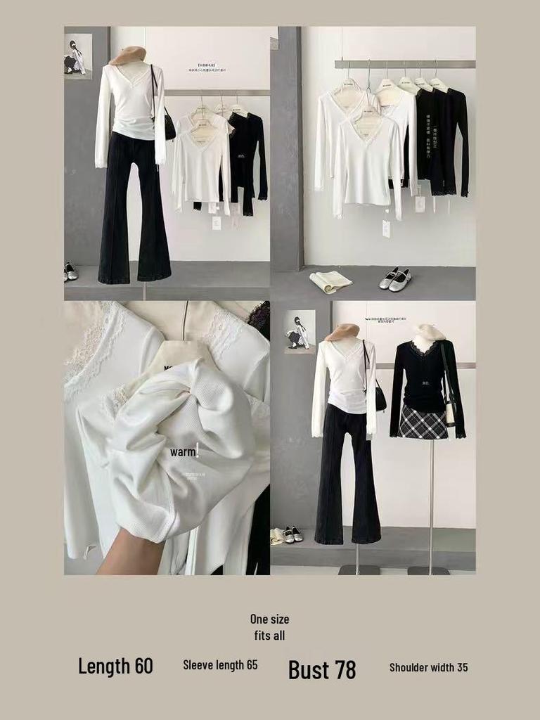 Lace Trim V-Neck Long-Sleeve Brushed T-Shirt with Cashmere Fur Lining for Women - Autumn/Winter Collection.