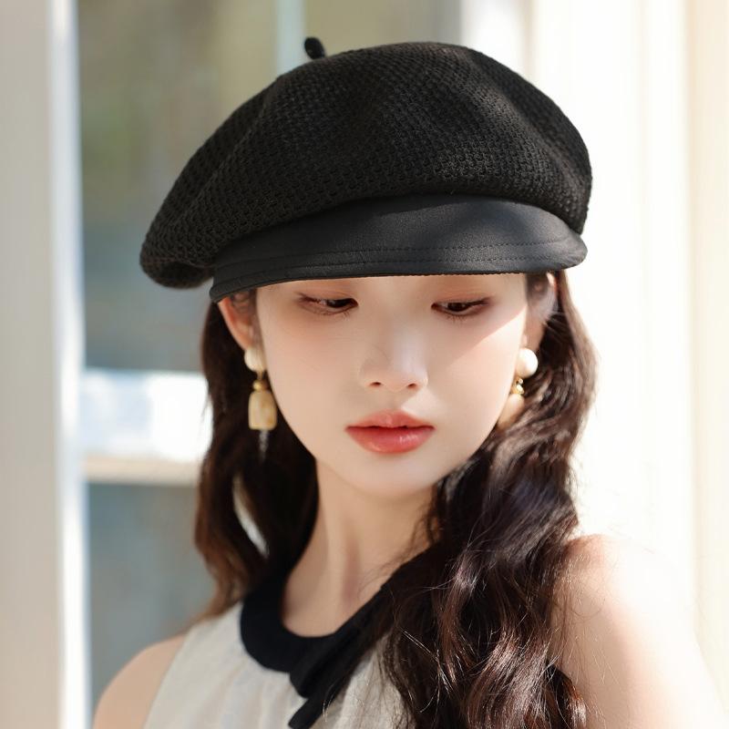 Ricygvm Summer Mesh Berets For Women Hollow Breathable Octagonal Cap Art Retro Pumpkin Hat Trendy Fashionable Girls Sun Protection Visors