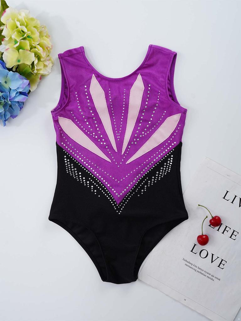 Girls Color Block Patchwork Ballet Jazz Gymnastics Leotard Sleeveless Bowknot Cutout Back Sparkly Rhinestones Bodysuit Dancewear