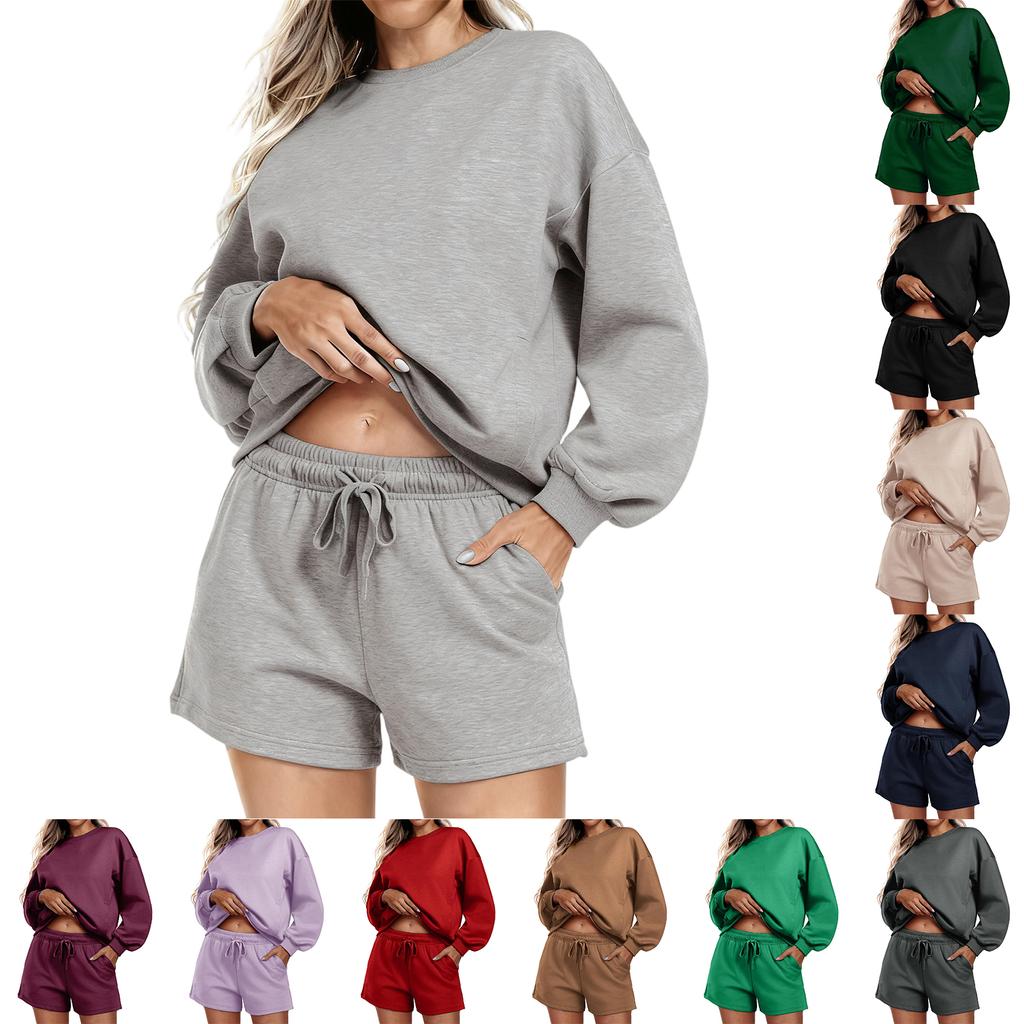 Women's Fashion Sportswear Casual Long-Sleeved Pullover Sweatshirt Drawstring Shorts Set