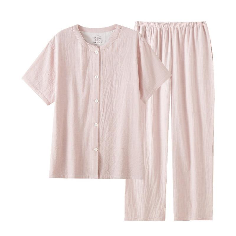 Women Cotton Thin Short Sleeve Long Pants Round Neck Casual Pajama Set Homewear