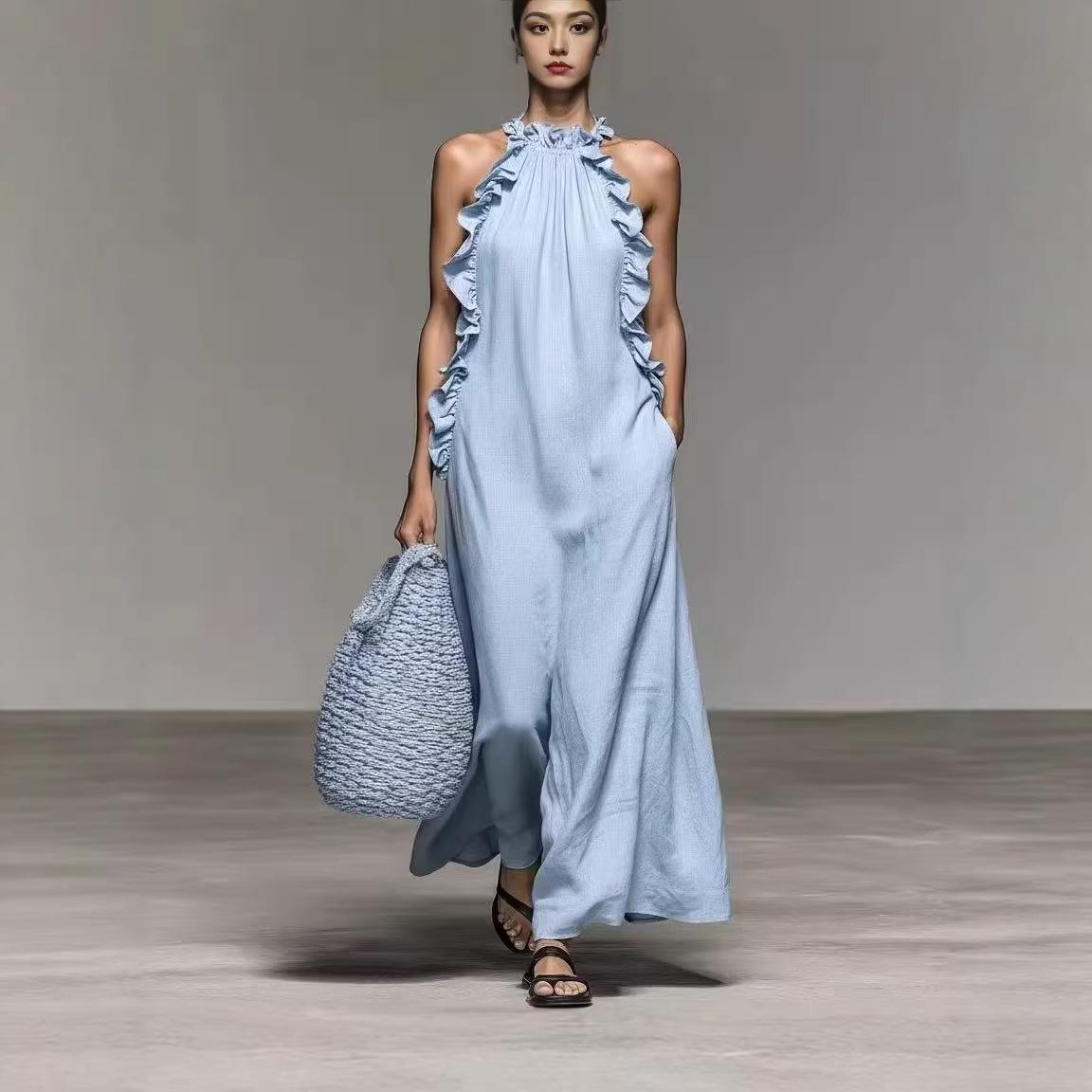 

2026 Summer Halter Neck Ruffle Dress with Pockets Medium вино красного