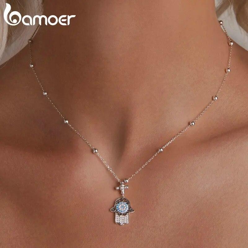 BAMOER 925 Sterling Silber Exquisite Fatimas Hand Halskette Beschützende Hand Halskette Pave Fassung CZ für Frauen Geburtstagsgeschenk