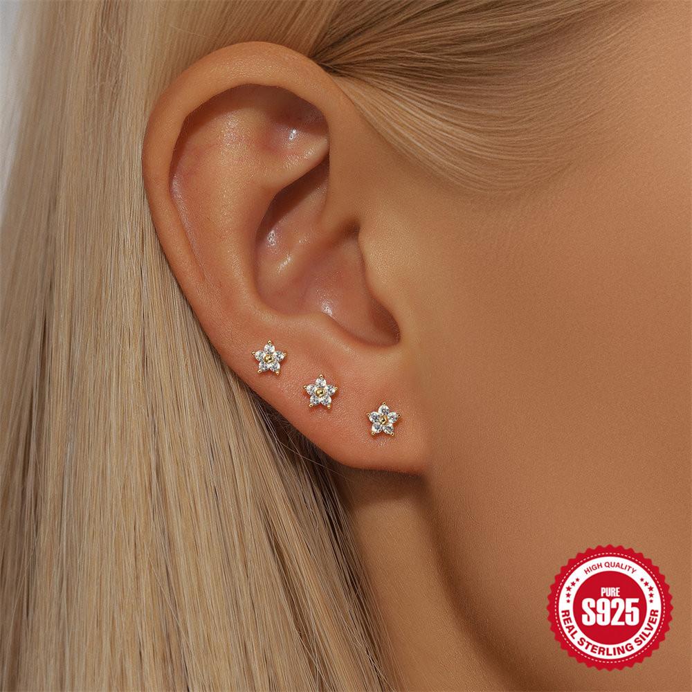 S925 Sterling Silver Delicate Four-Petal Flower Five-Petal Flower Flat Bottom Piercing Thread 5.6.8 Mm Bar Piercing Earrings Set