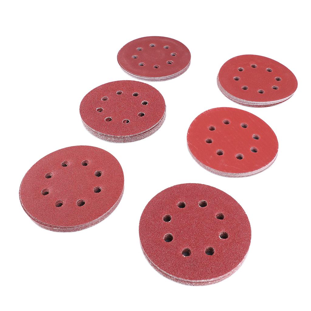 60Pcs Sanding Disc 5in 8 Hole 6 Types Sandpaper Hook and Loop Fastener Round Sand Paper for