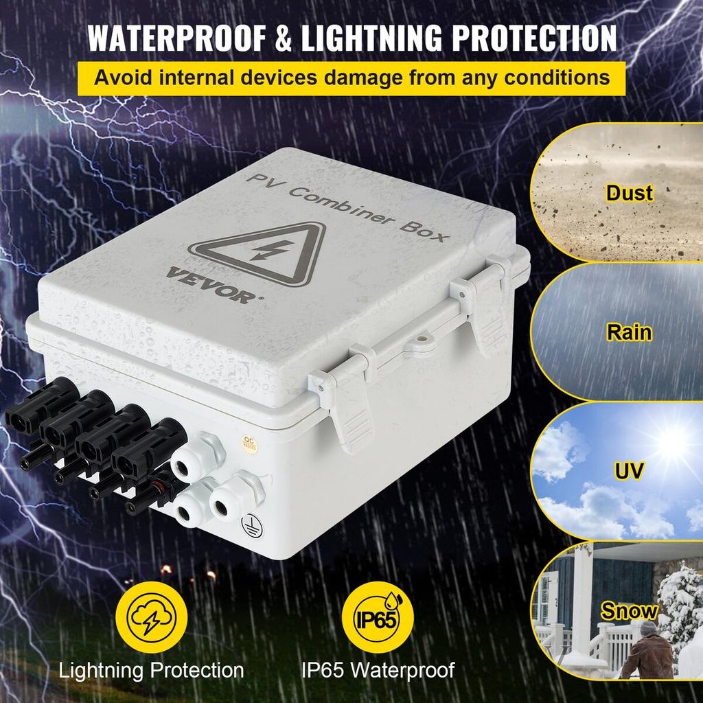 Caixa Combinadora Fotovoltaica, 4 Strings, Caixa Combinadora Solar com Fusível de Corrente Nominal de 15A, Disjuntor de 63A, Protetor contra Surtos e Conector Solar, para Ligar / Desligar