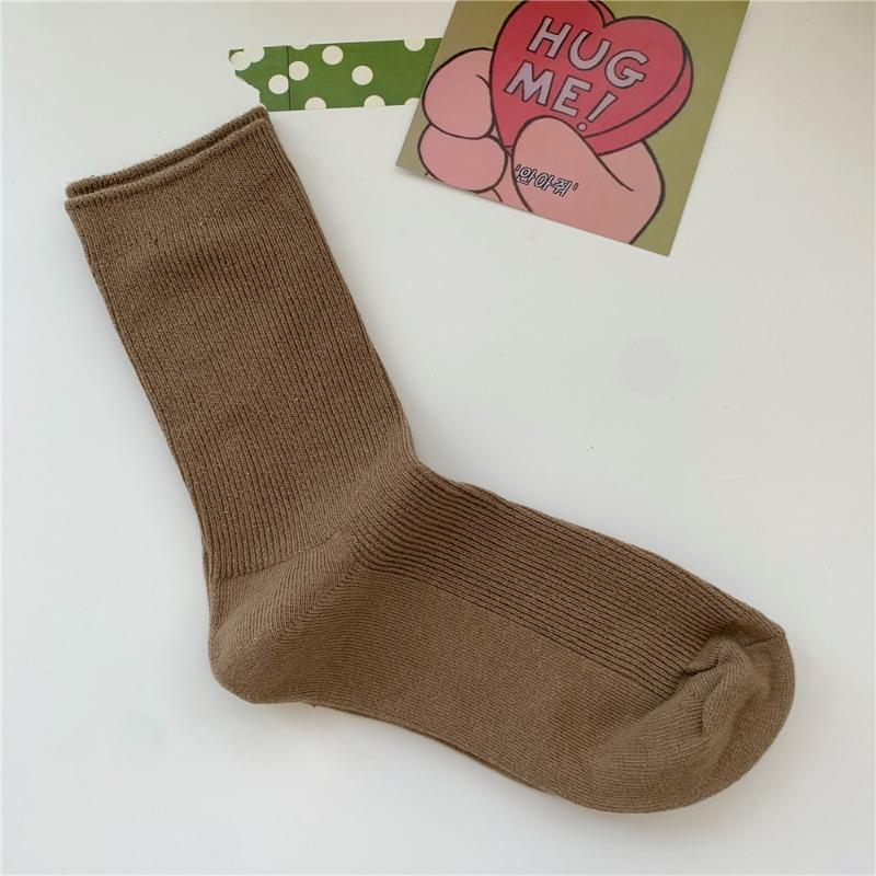 Bomull Ensfarvede Sokker for Kvinner, Høst Tynne Tynne Stripete Frotte-sokker for Kvinner, Midt-legg Sokker