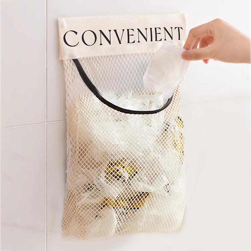 Kitchen garbage bag storage bag Velcro mesh bag simple household sundries mesh bag garbage bag wall hanging storage bag