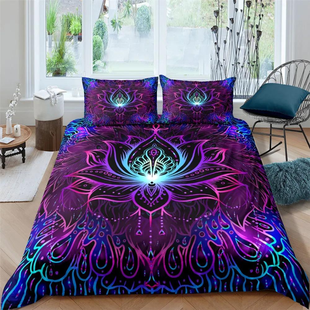 Bohemian Lotus Mandala Flower Bedding Set Twin Queen Size Duvet Cover Pillowcase for Kids Adults Home Textile