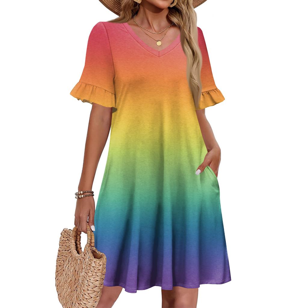 Damen A-Linie Sommerkleid Kurzarm V-Ausschnitt Bedrucktes Kleid Mit Taschen