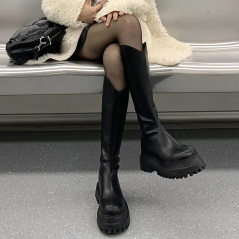

Женские сапоги до колен в стиле панк, модные мягкие кожаные туфли, осенне-зимние женские длинные сапоги на платформе и каблуке 40