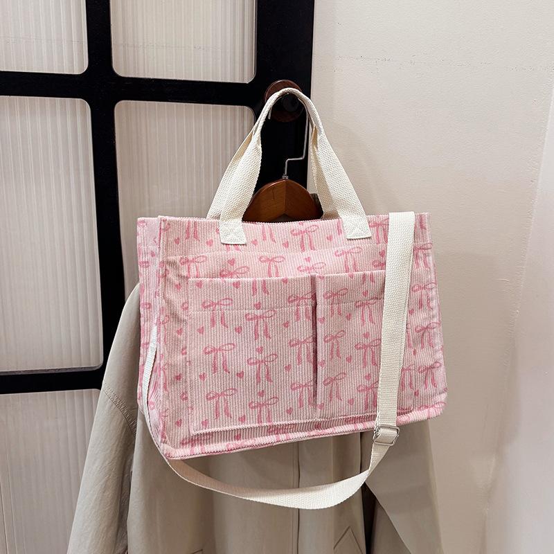Corduroy Strawberry Print Tote Bag Women Large Capacity Shoulder Bag With Multiple Pocket Adjustable Strap Commut Casual Handbag