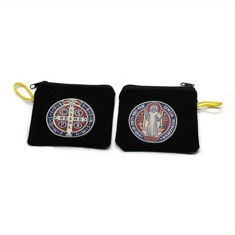 2pcs Saint Benedict Color Print Black Velet Zipper Rope Rosary Necklace Storage Bag