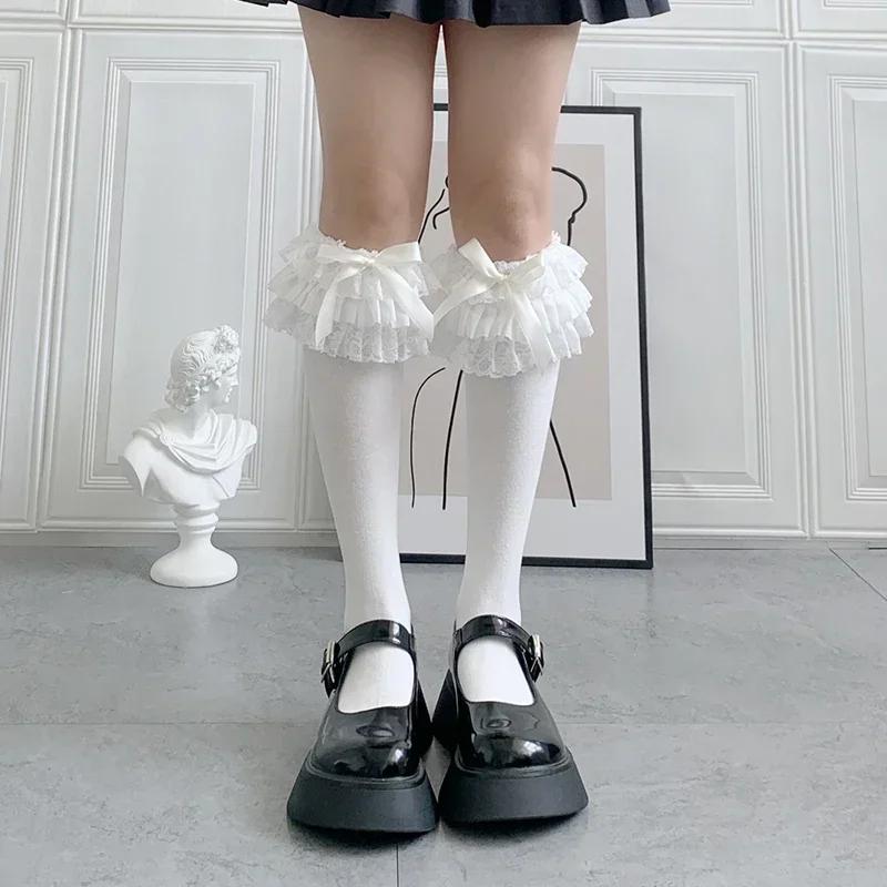 Kawaii Lolita Lace Calf Stockings Multi Layer Bow Cotton Jk Japanese Long Stockings Vintage Gothic Palace Cosplay Accessories