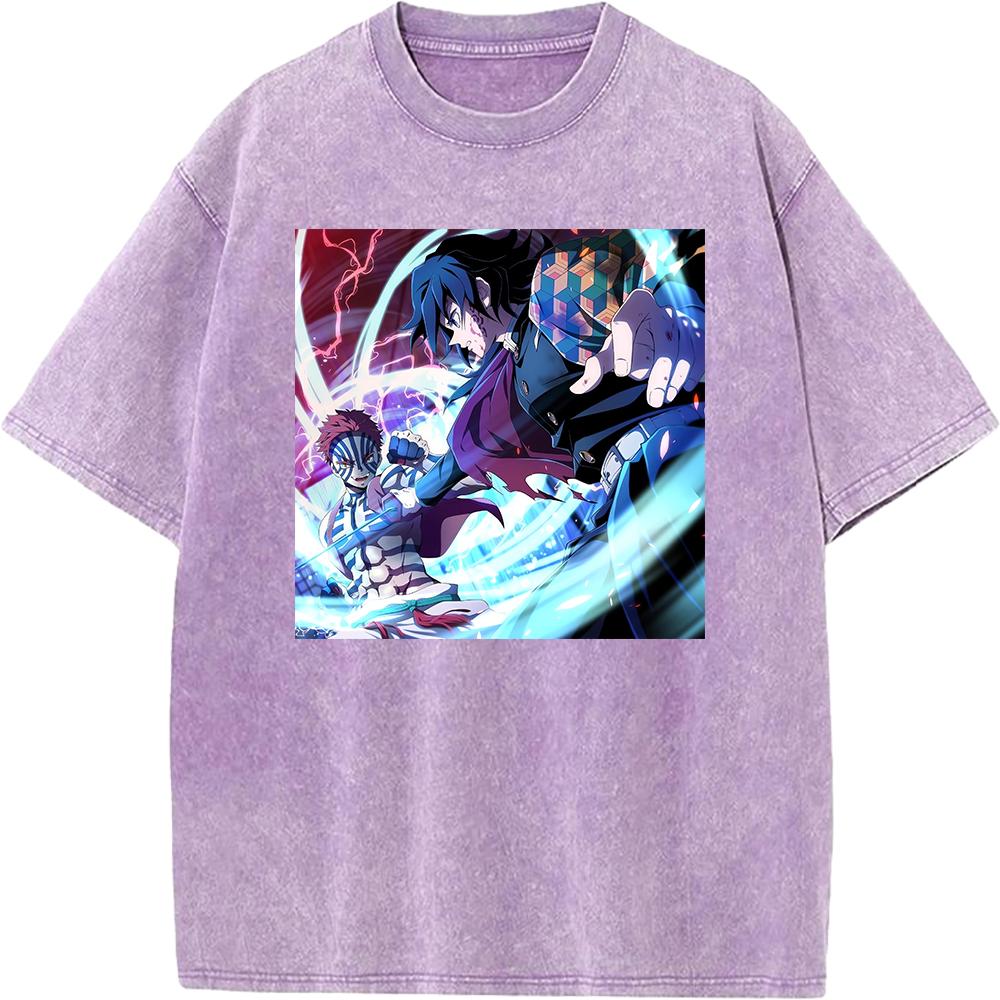 Tomioka Giyuu Akaza Anime Clothing Demon Slayer Cotton Tee Men Women Retro Washed T-shirts Casual T Shirt Harajuku Male Tshirt