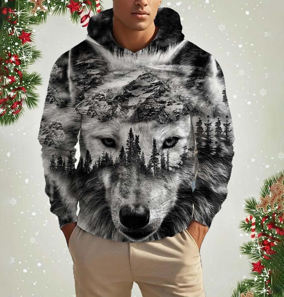 Men's Hooded Fashion Animal Wolf 3D Print Hoodies Top New Autumn Fashion Casual Long Sleeved Pullover Oversized Sweatshirts