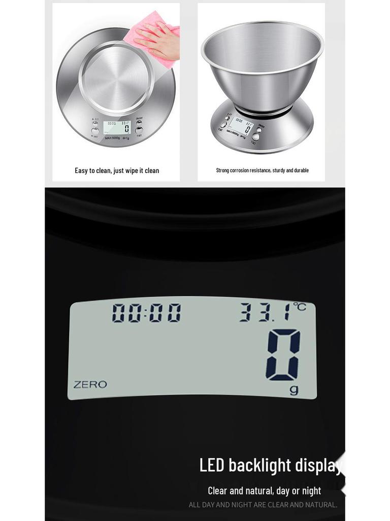 Stainless Steel Kitchen Scale with Bowl, 5kg/1g, 0.1g Precision Baking & Food Table Scale.