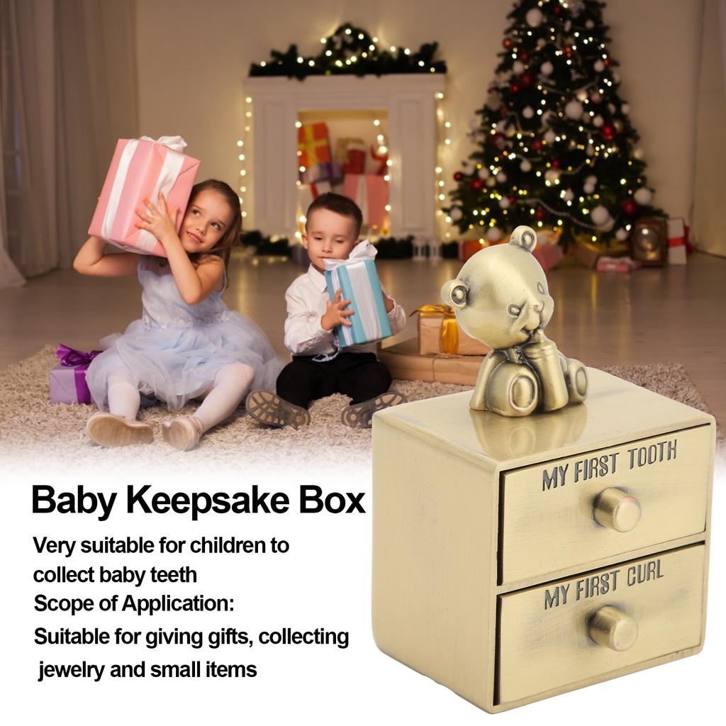 Tooth Box Metal Cute BearShape Storage Case with 2 Drawers for Children Growth Memorial Gift Jewelry Collection(Green Patina )