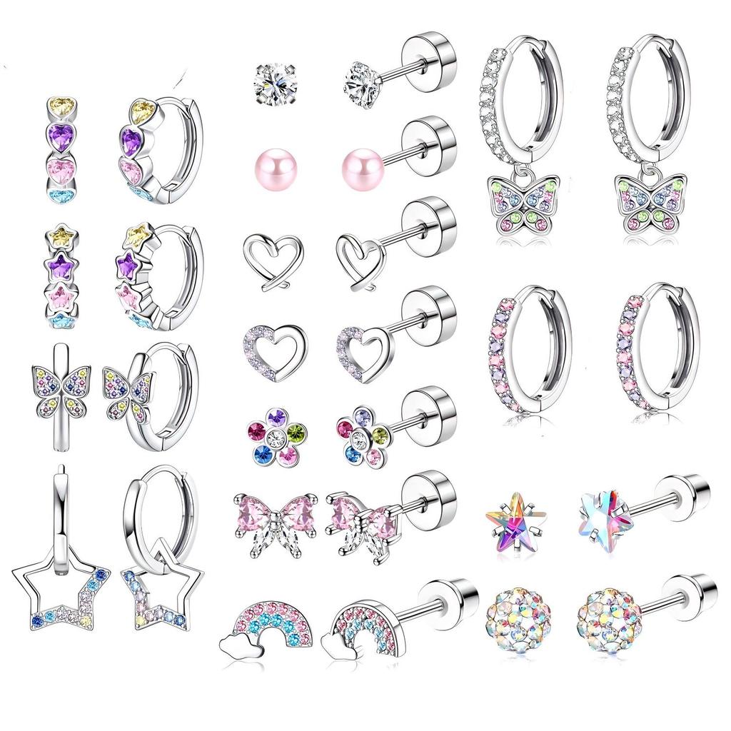 A pair of hypoallergenic screw earrings for women, featuring a set of zircon butterfly and star pendant earrings