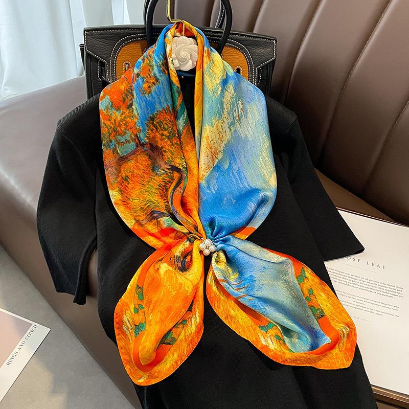 Spring and Autumn Versatile Travel Silk Scarf Temperament Elegant 90 Square Scarf Simulation Silk Scarf Wholesale Advanced Trend Celebrity Shawl