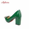 Aphixta New Dark Green Pearl Buckle Patent Leather Women's Pumps 7cm Square Heel Officile Pointed Toe Shoes Super Big Size 49 50