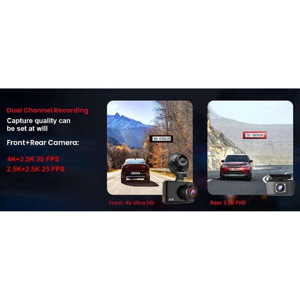 ACCEO 4K Dual Channel Dash Cam with Speed Display Front 4K Built-in WiFi GPS Super Night Vision  Optional Rear Lens 24/7 Parking