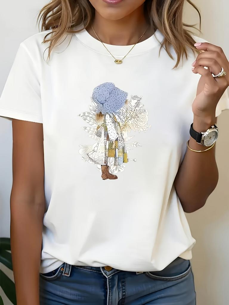 European sizesWomen'S Casual Short Sleeve T-Shirt | Rose Floral Print Crew Neck Top, Comfortable for Spring/Summer/Fall, Loose Fit Design
