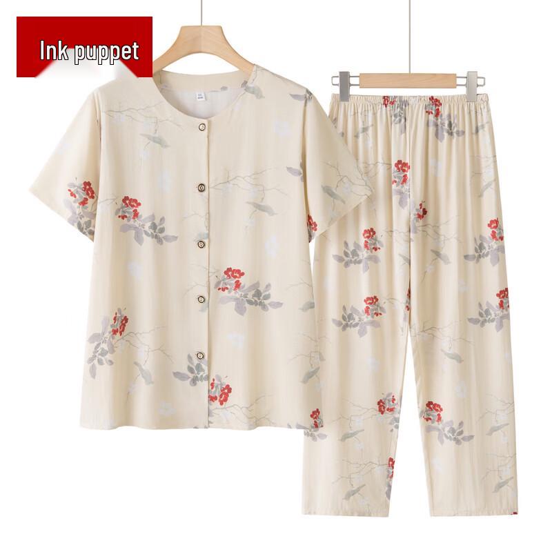 Moou Elderly Women s Summer Cotton Silk Two-Piece Set XXL