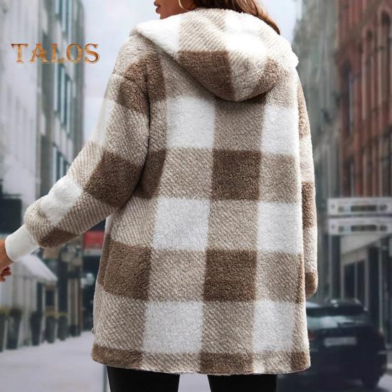 Wintermantel für Damen, Kontrastfarbe, Karomuster, dick, doppelseitig, mit Kapuze aus Samt, offene Nähte, elastische Bündchen, lockerer, warmer Mantel