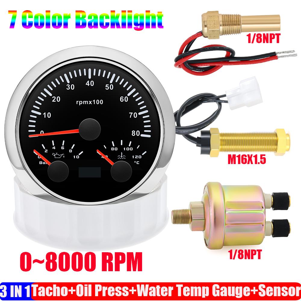 ZMFJH 3000~8000RPM 85MM Tachometer+Oil Pressure+Water Temp Gauge with Sensor 7 Color Light MultiMeter 0~10Bar for Car Boat 9-32V