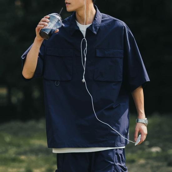 Summer Men Cargo Top Chest Pockets Solid Color Loose Zipper Plus Size Hip Hop Streetwear Plus Size Half Sleeves Half-open Turn-down
