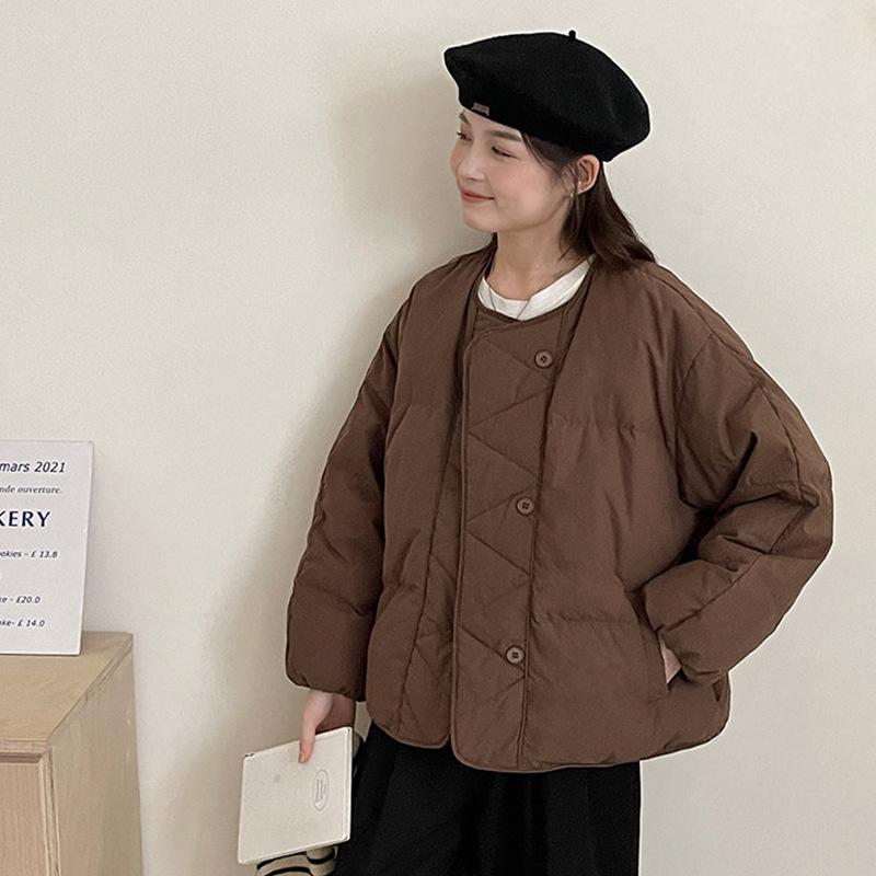 Crew neck small down jacket women's winter fashion literary diamond thickened white duck down warm bread jacket