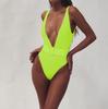 Damen Badeanzug One Piece Tiefer V-Ausschnitt Hoher Bund Monokini Badesachen mit Gürtelschnalle