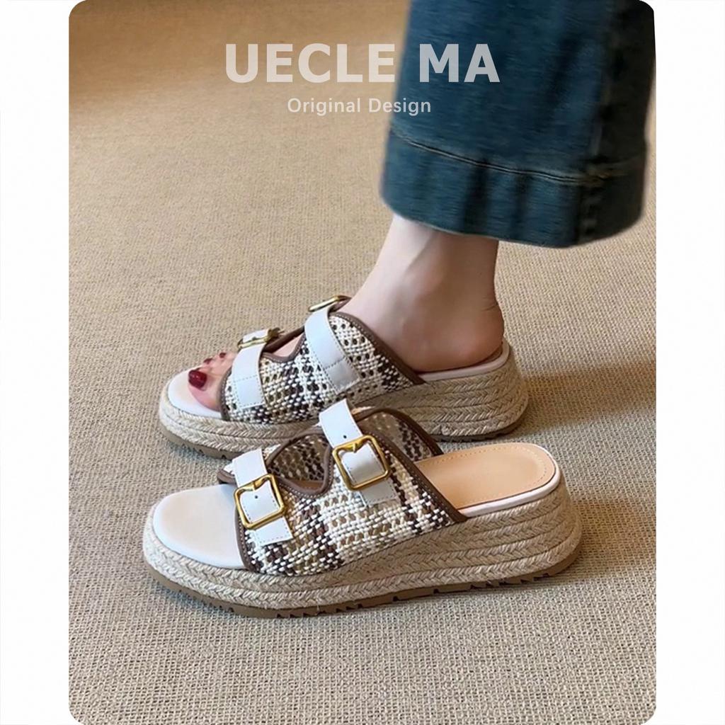 Sheepskin version~ Platform slippers women's summer wear is beautiful with skirts, straw-woven muffin shoes, wedge heels, Birkencool slippers