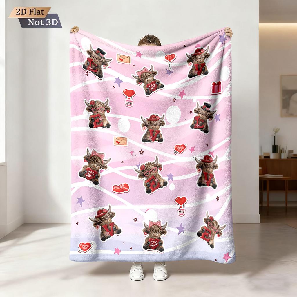 1 Stück Rosa Valentinstag Romantisches Hochlandrind-Print Flanell-Decke Mehrere Größen Weich Bequem Lässig Maschinenwaschbar