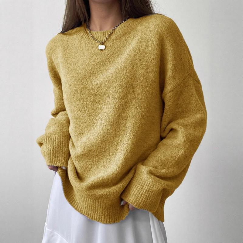 Womens Oversized Crew Neck Knit Sweater Loose Fit Casual Pullover Winter Solid Color Acrylic Blend
