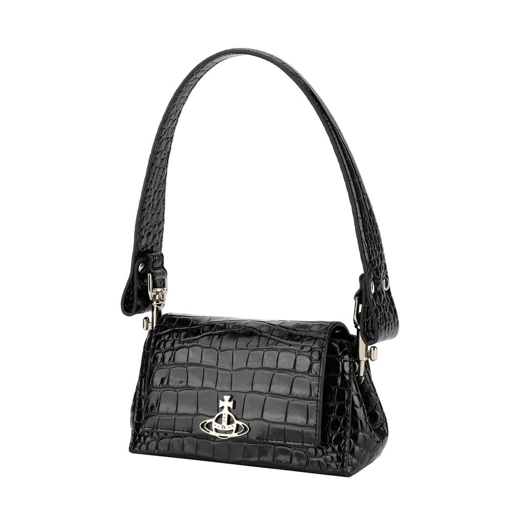 VIVIENNE WESTWOOD Silver Metal Accessories Crocodile Pattern Embossed Leather Shoulder Bag Women Shoulder Bag Black 46030001WL0098N401