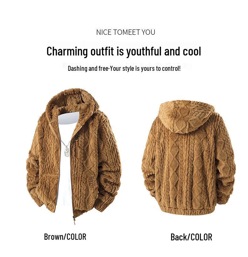 Men's European Size Hooded Fleece Zipper Jacket - Trendy Autumn/Winter Imitation Lamb Wool Coat